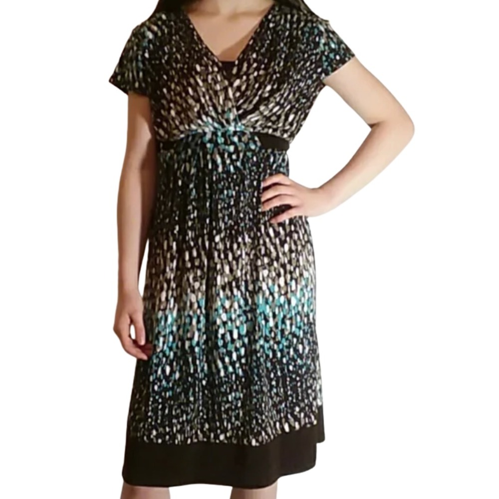 Motherhood Maternity Dress Women's Sz XL‎ Belted V-Neck Brown Blue Print
